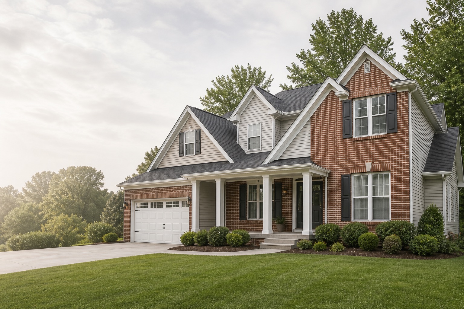 Two-story brick and siding home with an asphalt shingle roof